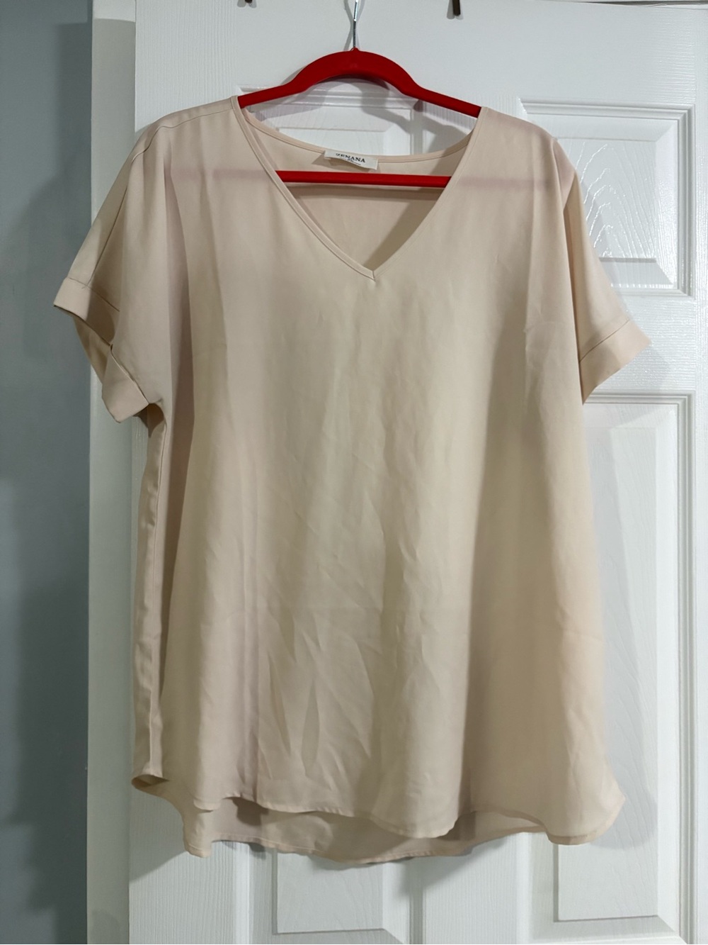 Zenana Outfitters Soft V-Neck Short Sleeve Blouse - Beige